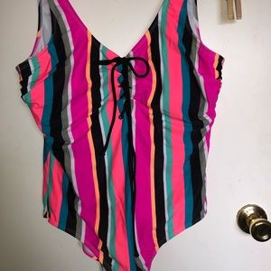 One piece, lace up swim suit.